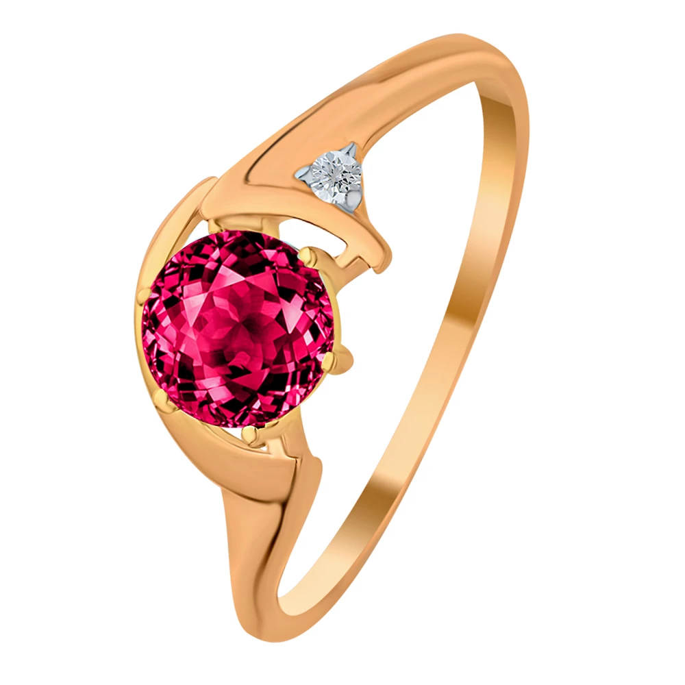 Кольцо с рубином синтетическим и бриллиантом из красного золота 585 пробы