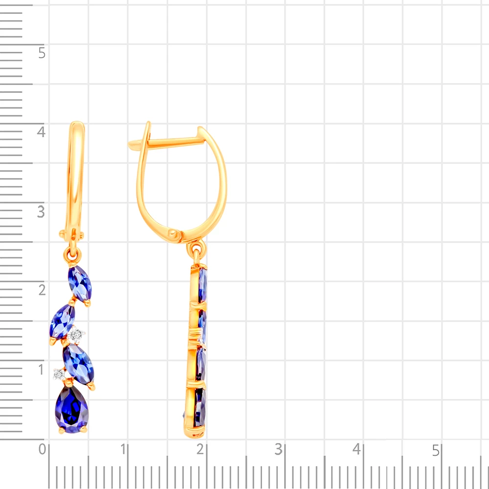 Серьги с сапфиром синтетическим и фианитами из красного золота 585 пробы 2