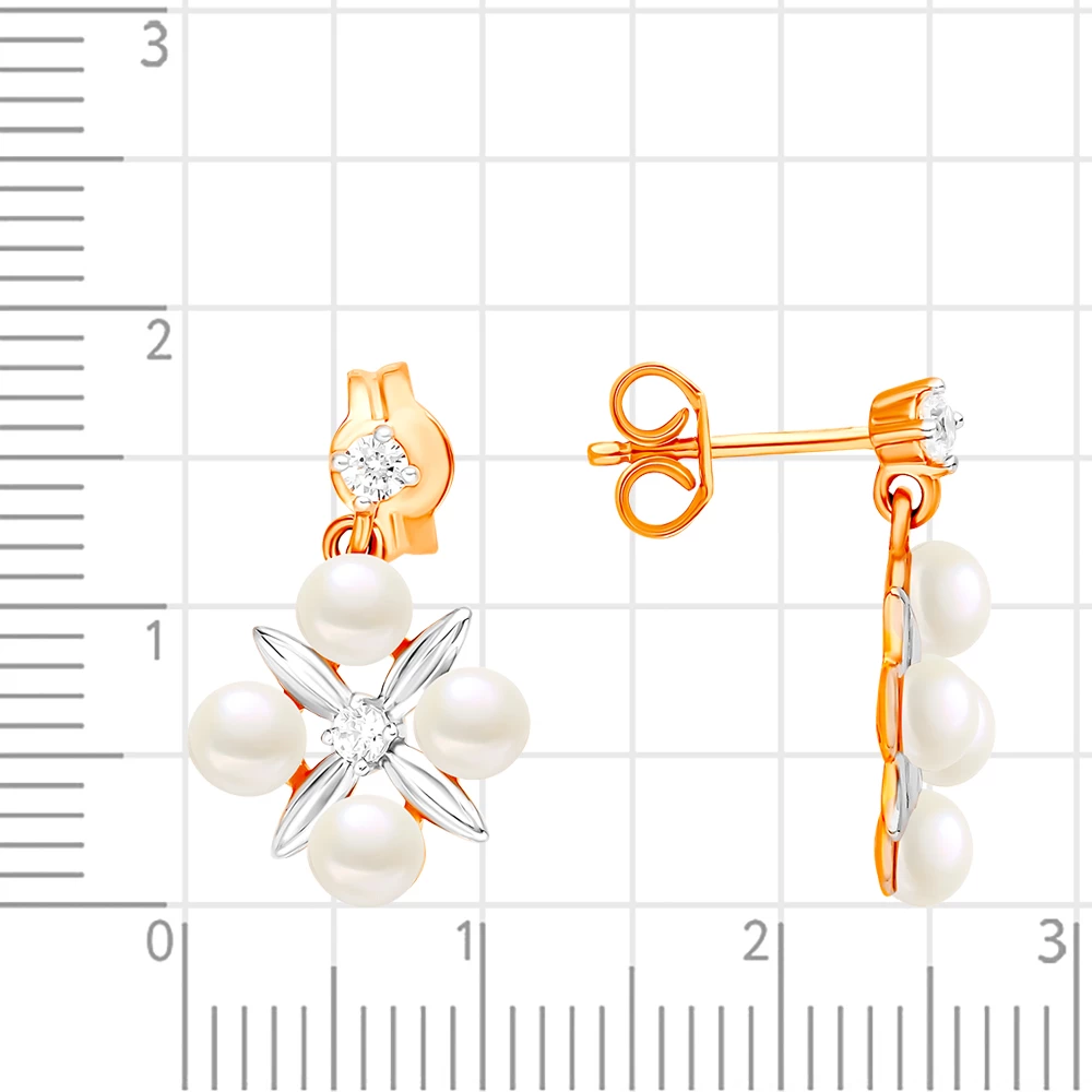 Серьги с культивированным жемчугом и фианитами из красного золота 585 пробы 2