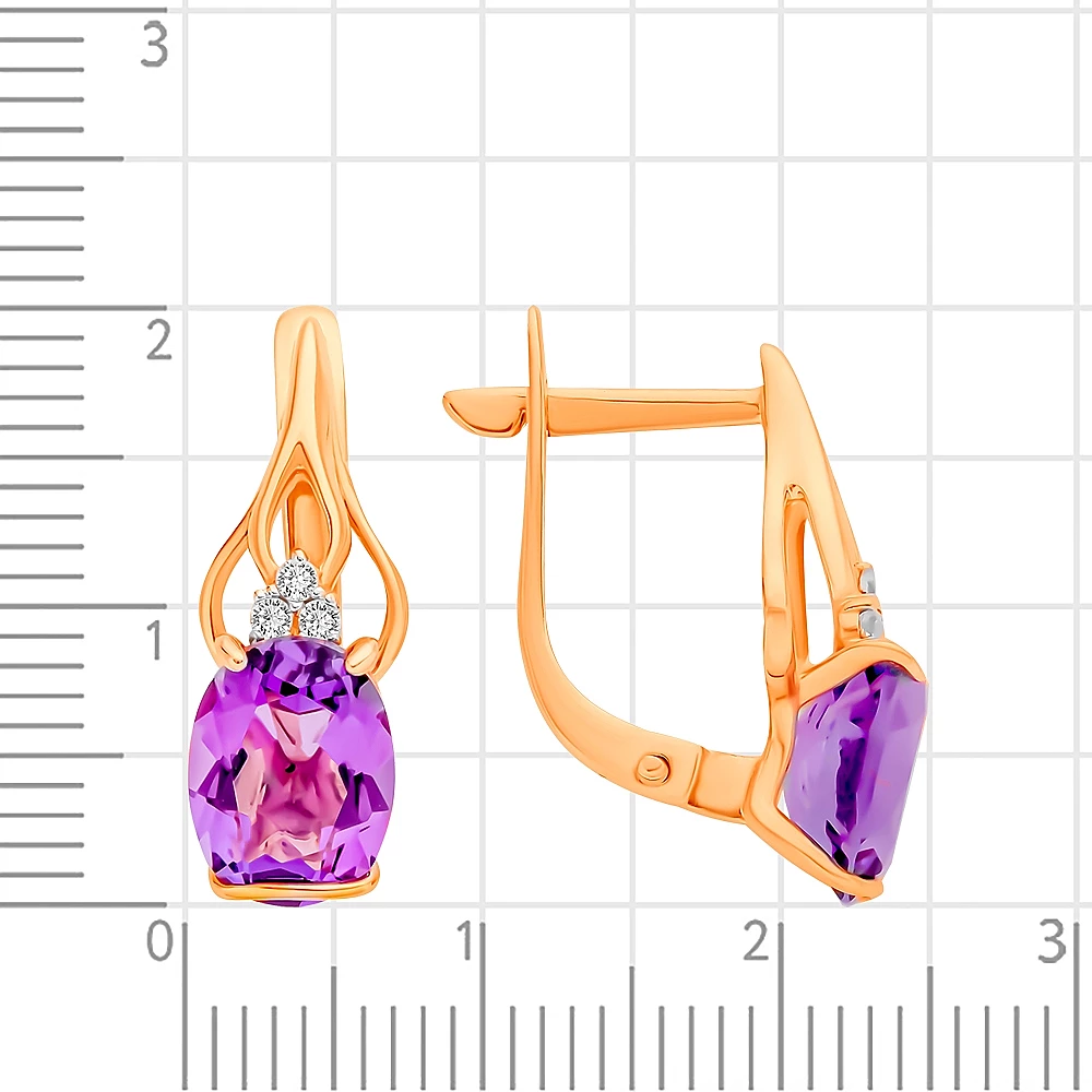 Серьги с аметистом и фианитами из красного золота 375 пробы 2