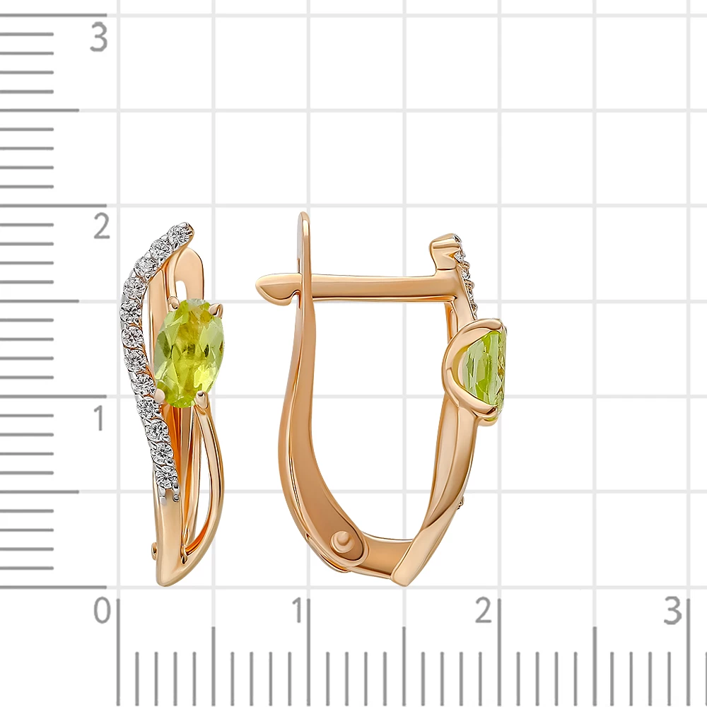 Серьги с хризолитом и фианитами из красного золота 375 пробы 2