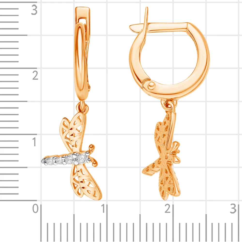 Серьги  Стрекоза с фианитами из красного золота 375 пробы 2