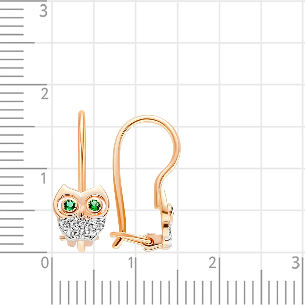 Серьги  Сова детские с фианитами из красного золота 585 пробы 2