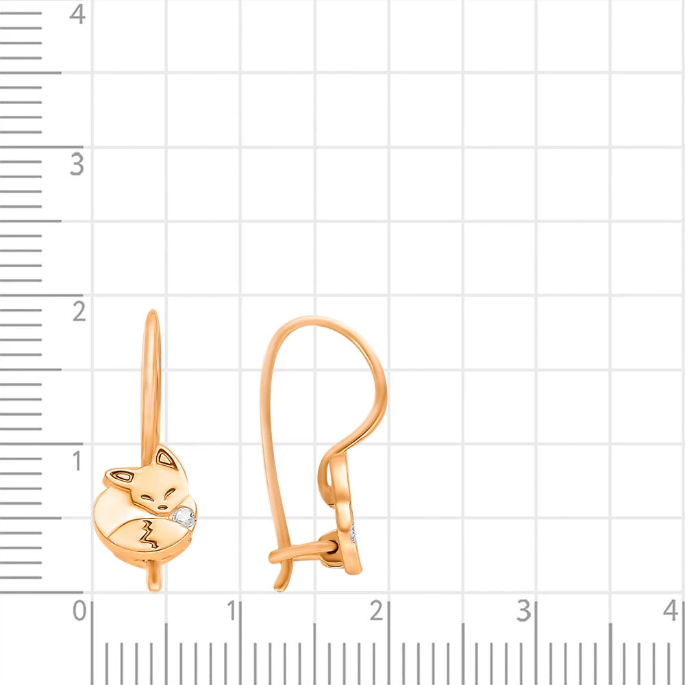 Серьги  Лиса детские с фианитом и эмалью из красного золота 585 пробы 2