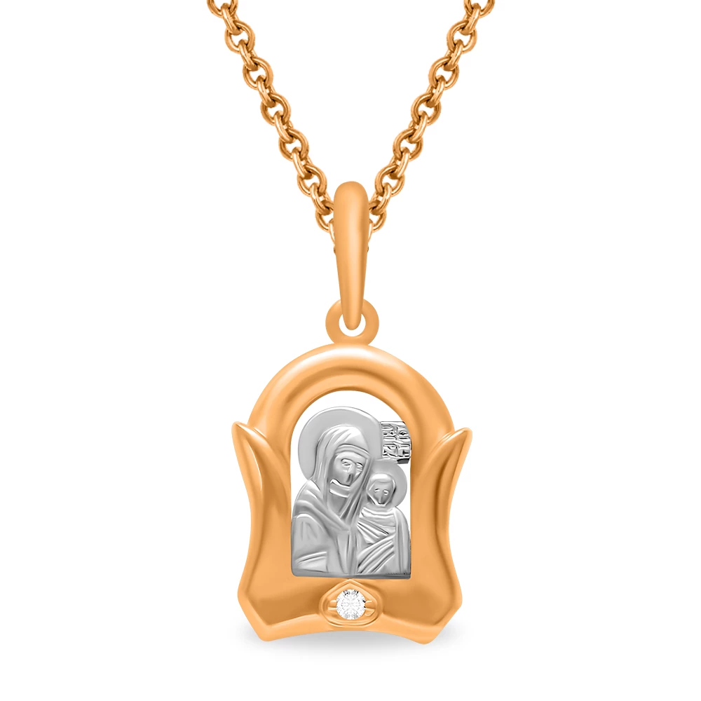 Икона Казанская с фианитом из комбинированного золота 585 пробы 1