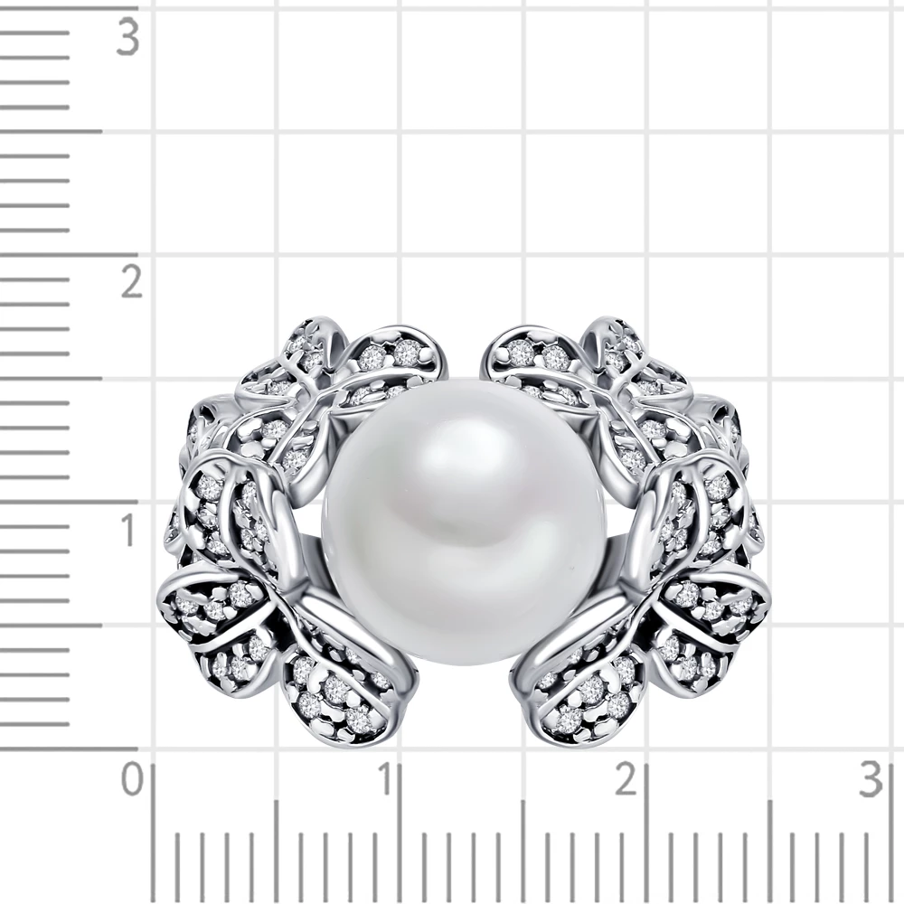 Кольцо с жемчугом искусственным и фианитами из серебра 925 пробы 2