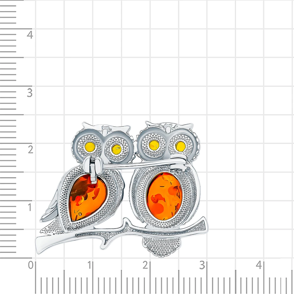 Брошь  Сова с янтарем из серебра 925 пробы 2