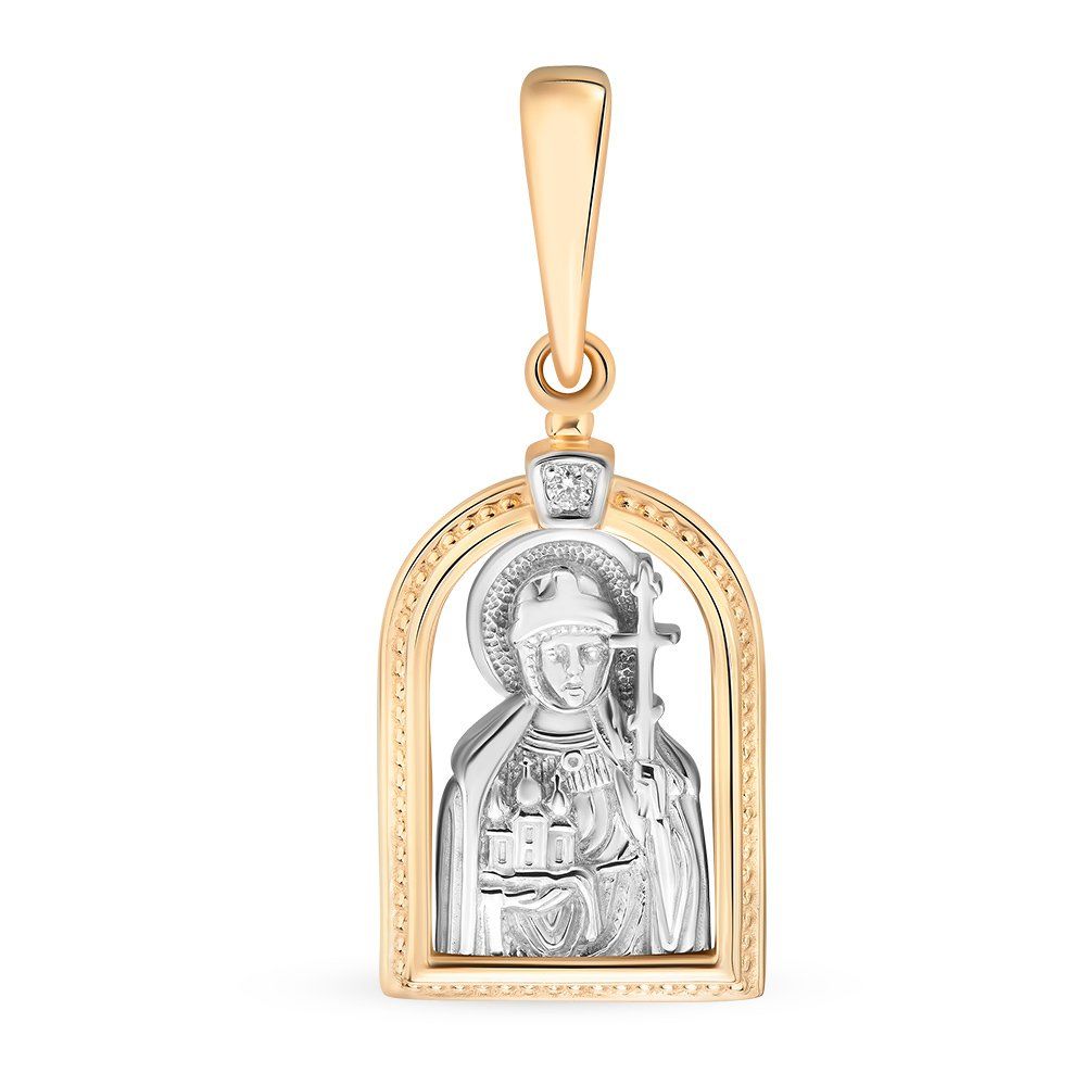 Икона Ольга с бриллиантом из комбинированного золота 585 пробы