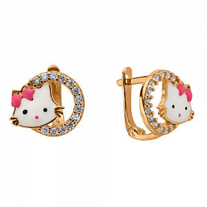Серьги детские Hello Kitty с эмалью и фианитами из красного золота 585 пробы Серьги детские Hello Kitty с эмалью и фианитами из красного золота 585 пробы
